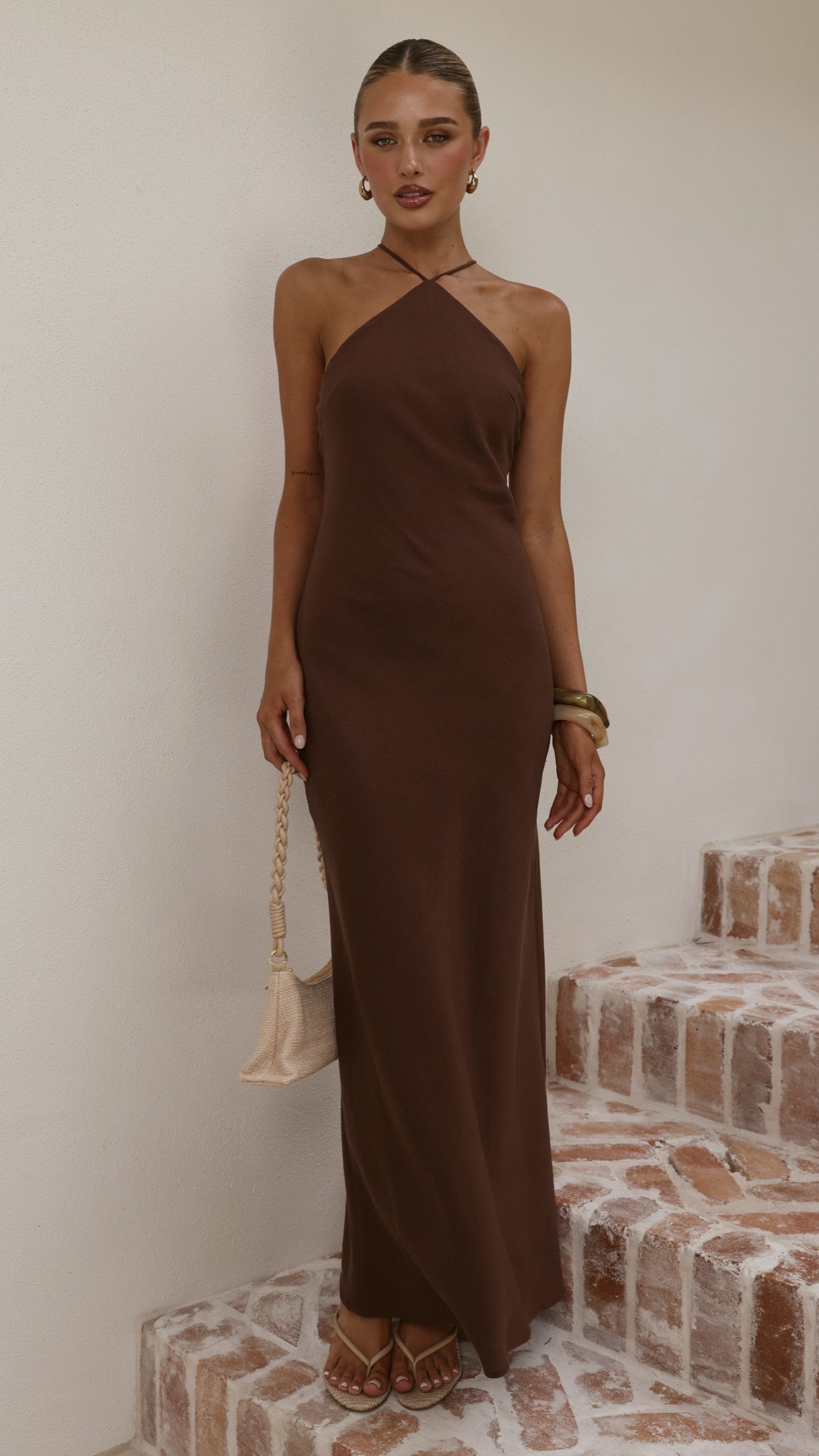 Chiara Linen Maxi Dress - Chocolate - Billy J