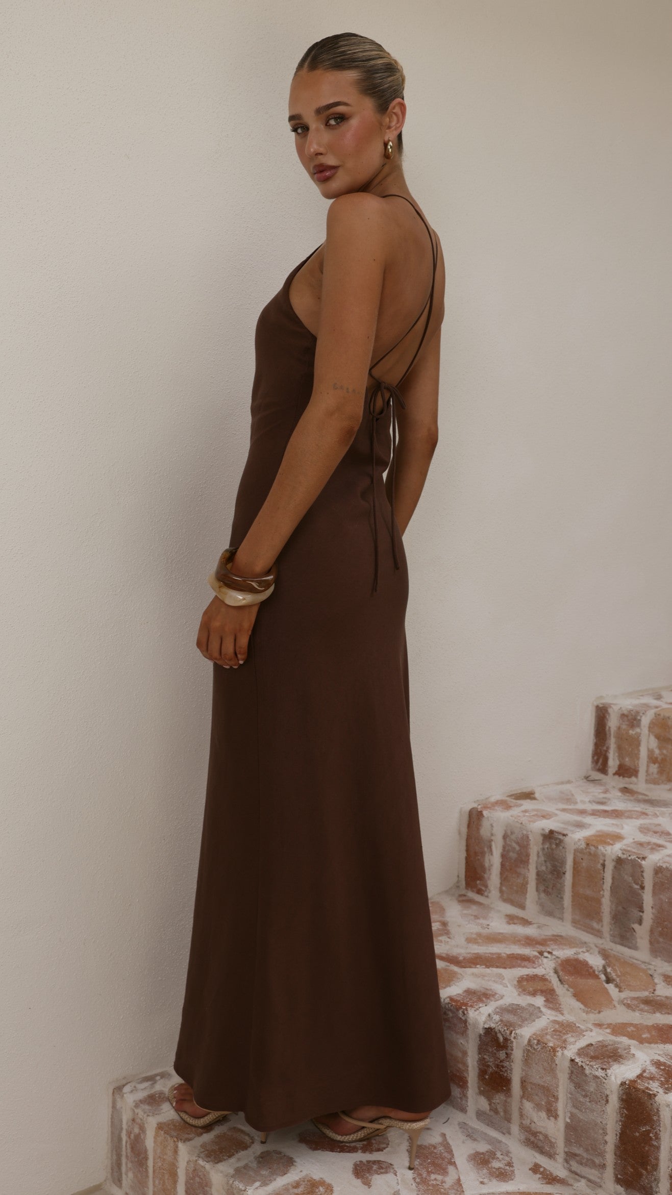 Chiara Linen Maxi Dress - Chocolate - Billy J