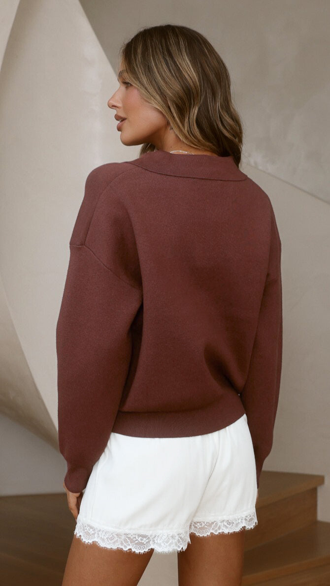 Rylie Collared Sweater - Brown - Billy J