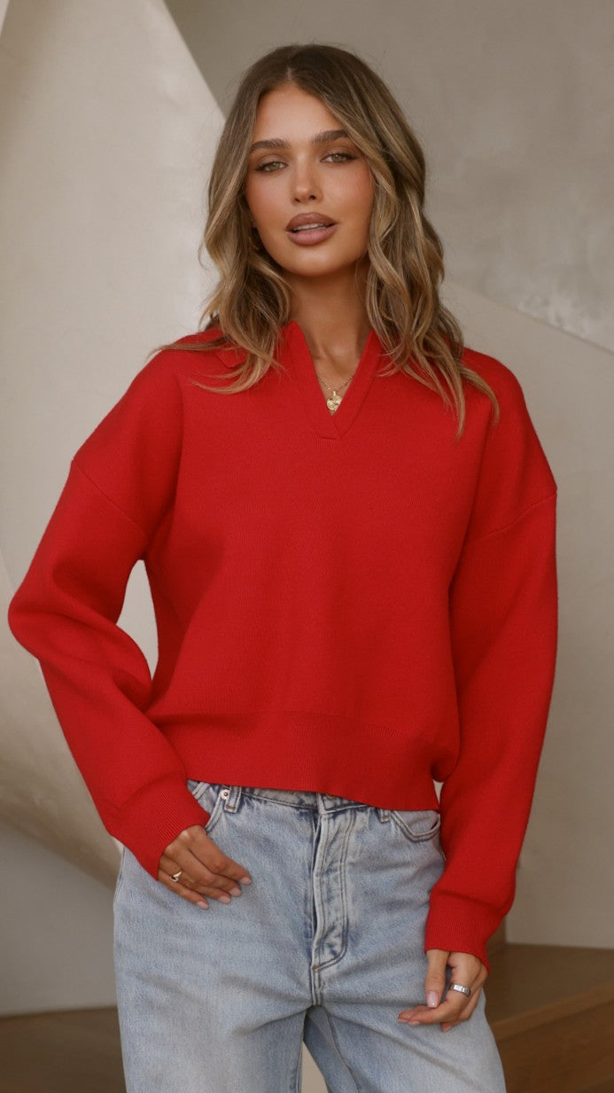 Rylie Collared Sweater - Red - Billy J