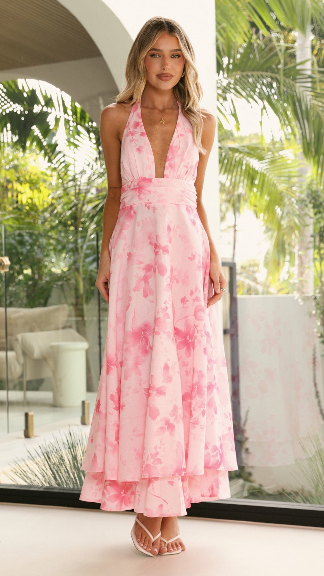 Kathy Halter Neck Maxi Dress - Pink Floral - Billy J