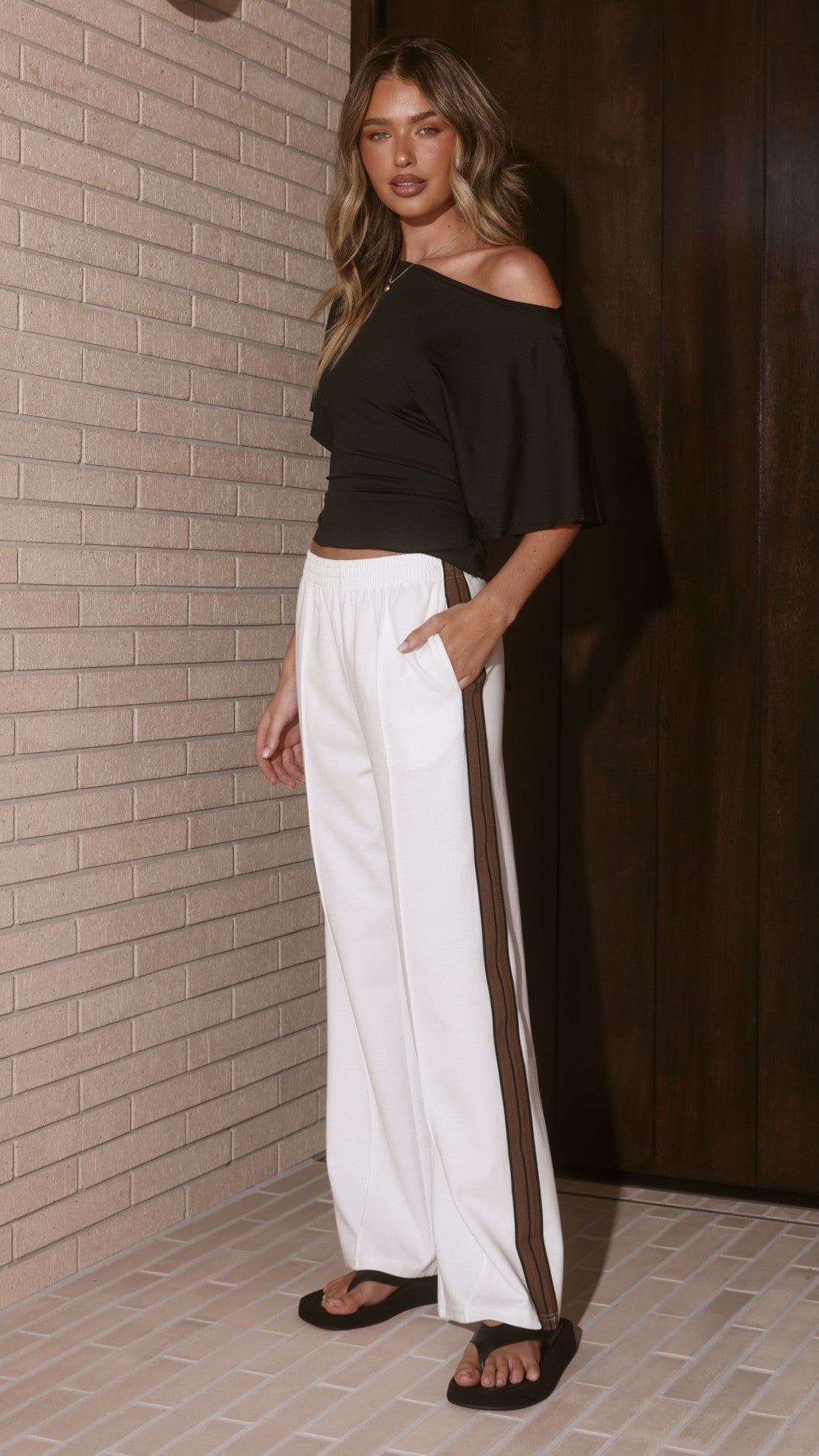 Isaiah Racer Stripe Pleated Trackpants - White/Chocolate - Billy J