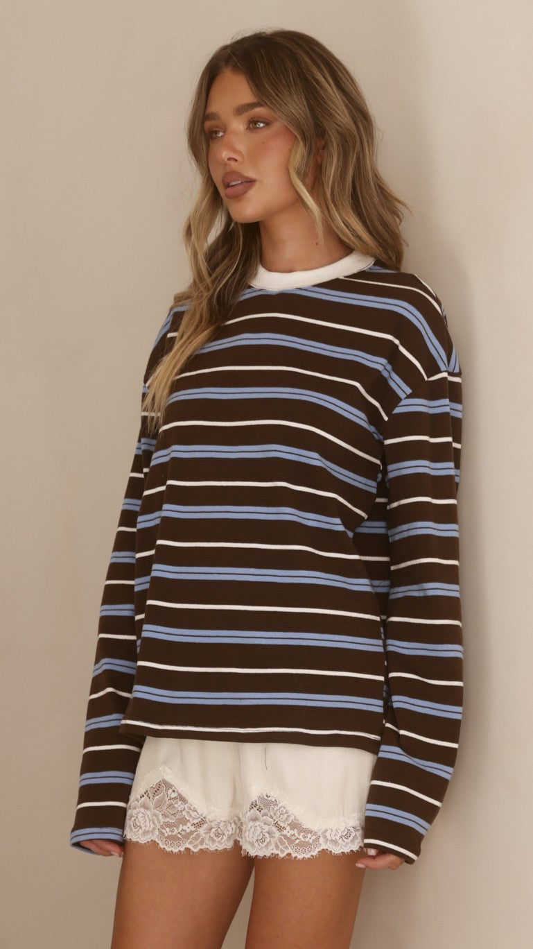Raya Long Sleeve Top - Blue/Brown Stripe - Billy J