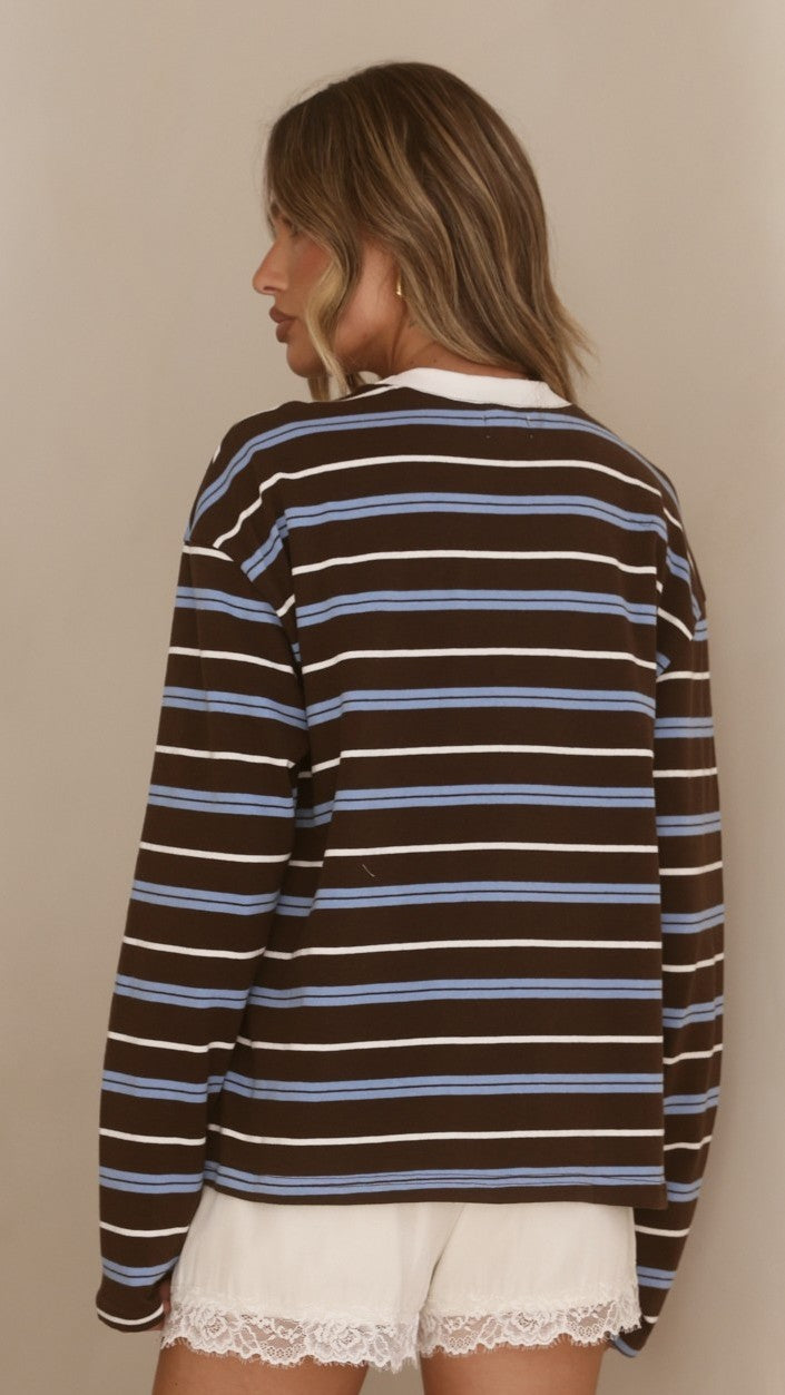 Raya Long Sleeve Top - Blue/Brown Stripe - Billy J