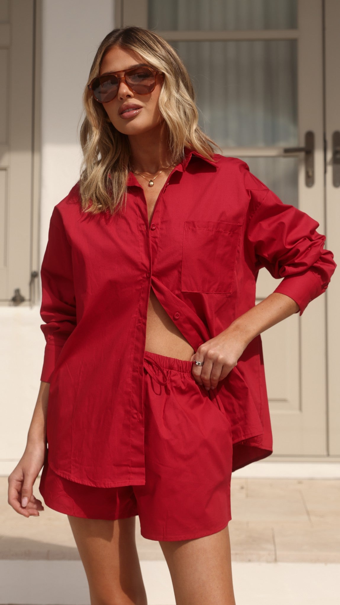 Elita Long Sleeve Button Up Shirt and Shorts Set - Red - Billy J
