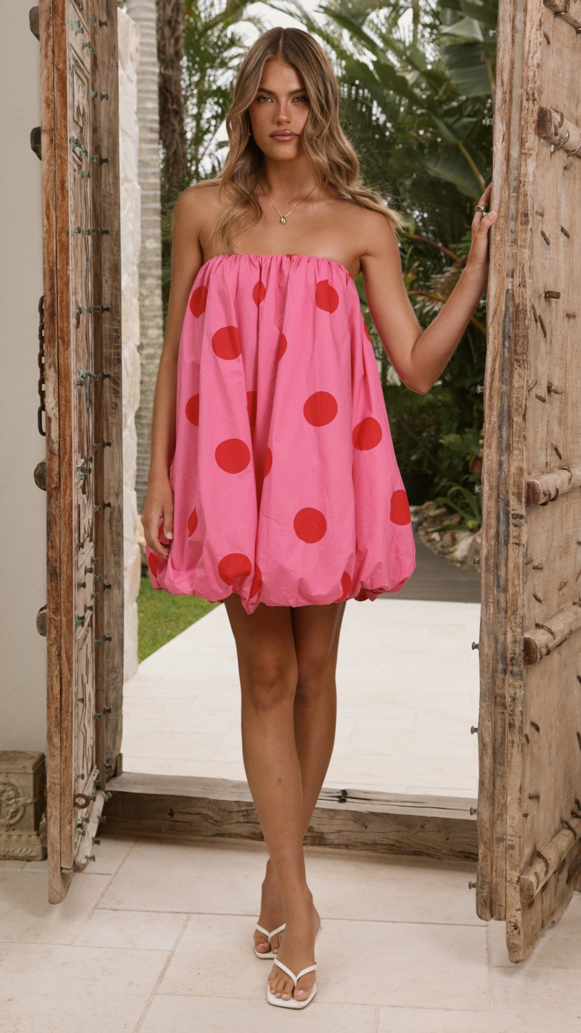 Everly Strapless Mini Dress - Pink/Red Polka - Billy J