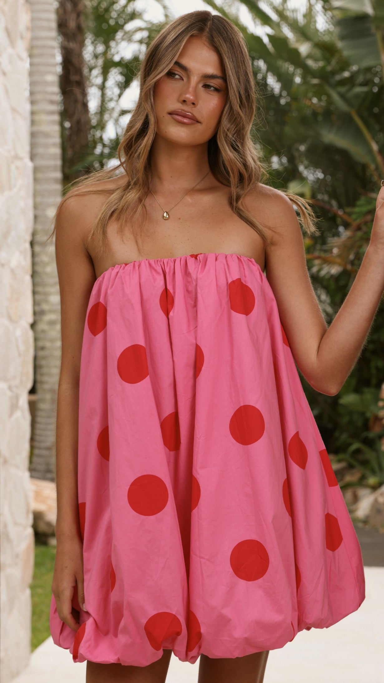 Everly Strapless Mini Dress - Pink/Red Polka - Billy J