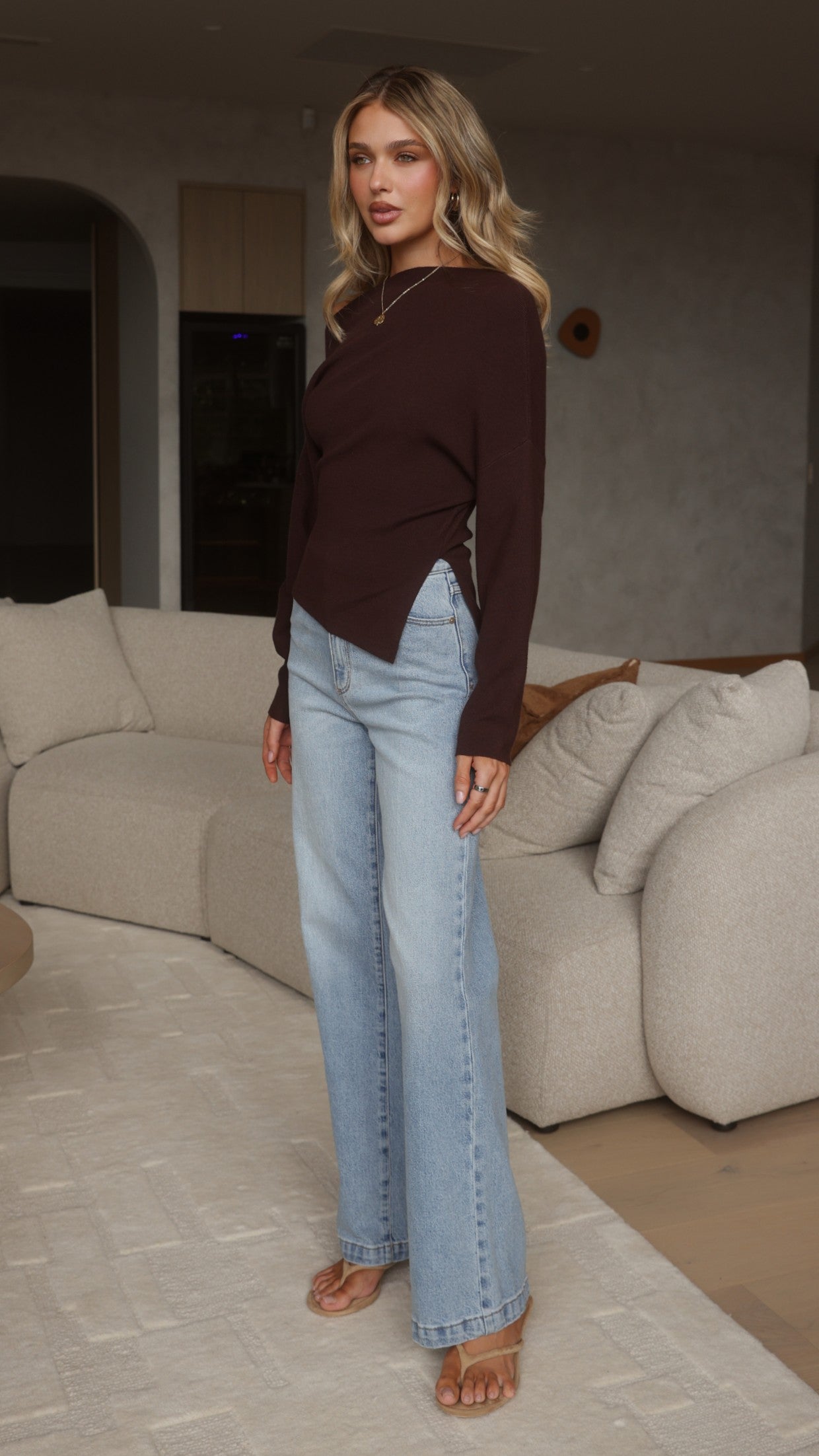 Eleora Long Sleeve Asymmetrical Top - Brown - Billy J