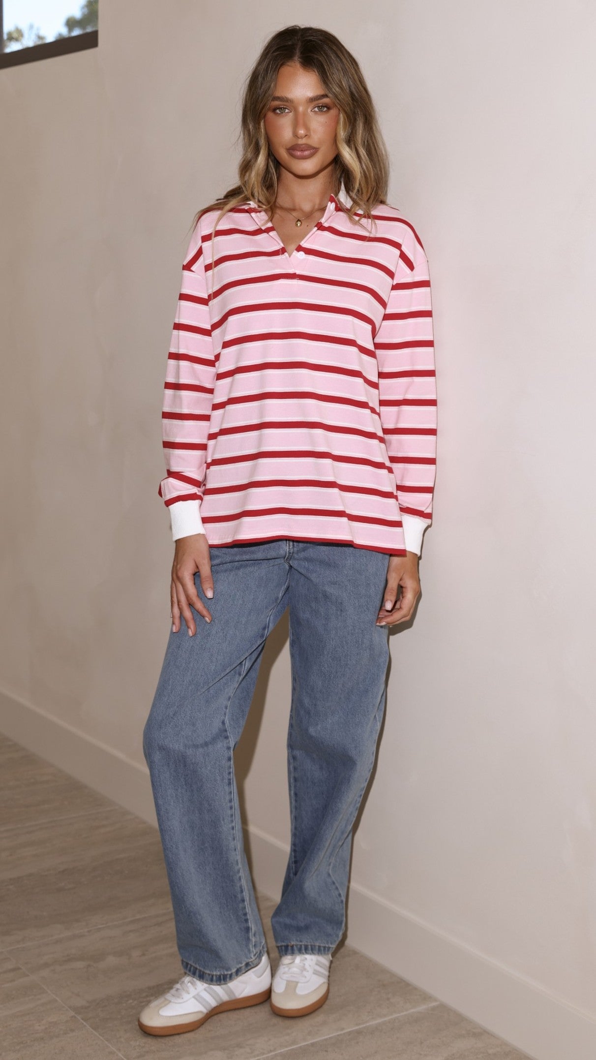 Jayana Collared Jersey Top - Red/Pink Stripe - Billy J