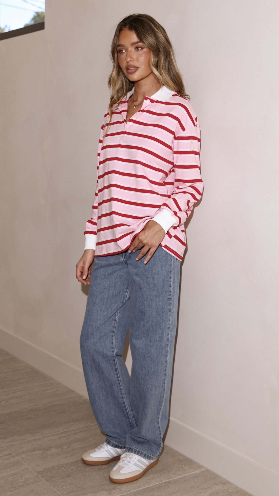 Jayana Collared Jersey Top - Red/Pink Stripe - Billy J