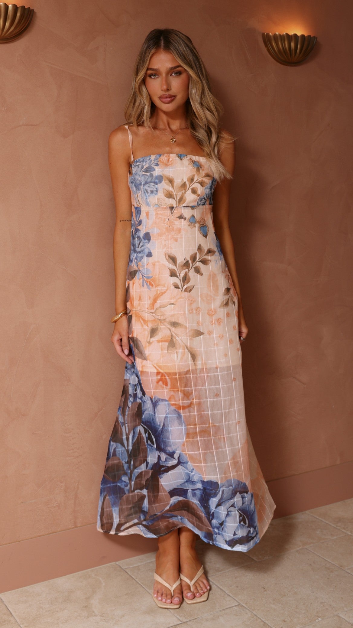 Sharni Strapless Maxi Dress - Peach/Blue Floral - Billy J