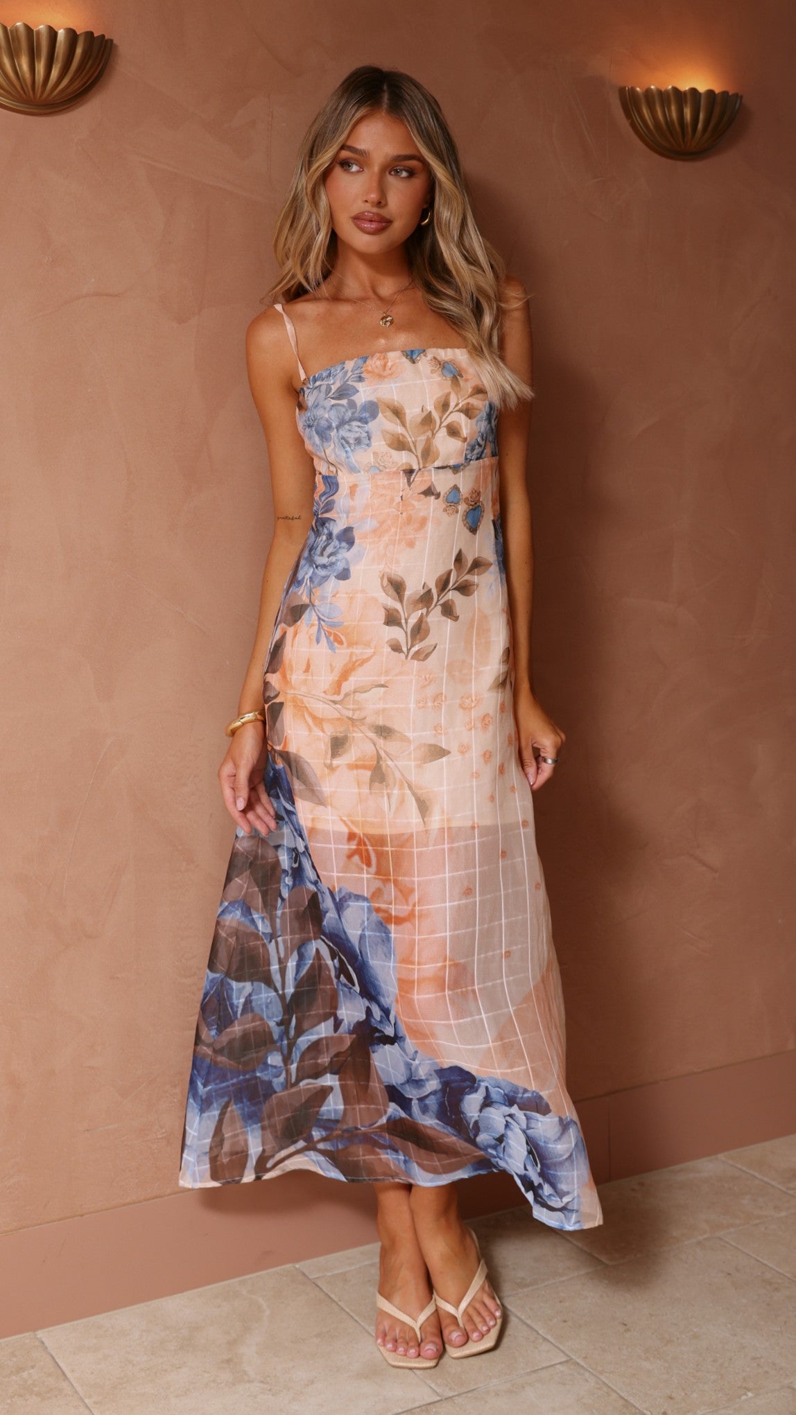 Sharni Strapless Maxi Dress - Peach/Blue Floral - Billy J