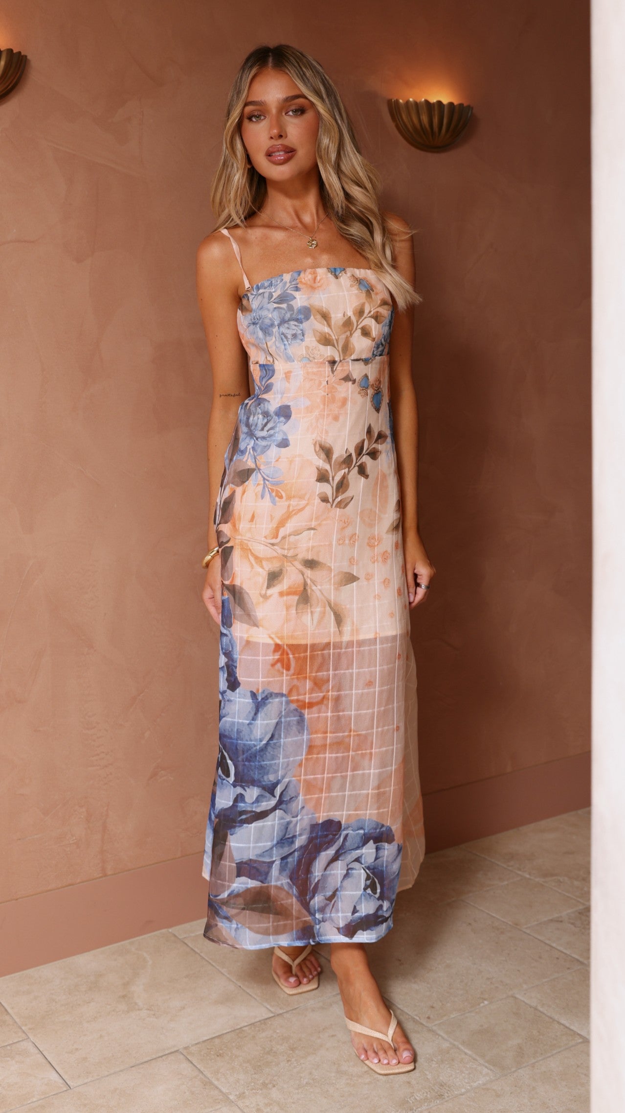 Sharni Strapless Maxi Dress - Peach/Blue Floral - Billy J