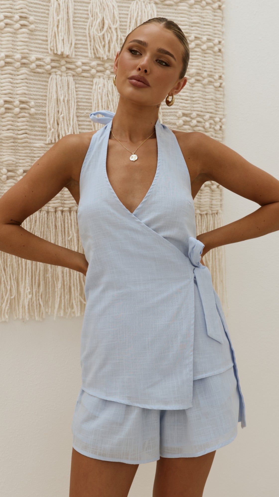 Malencia Wrap Top and Shorts Set - Blue - Billy J