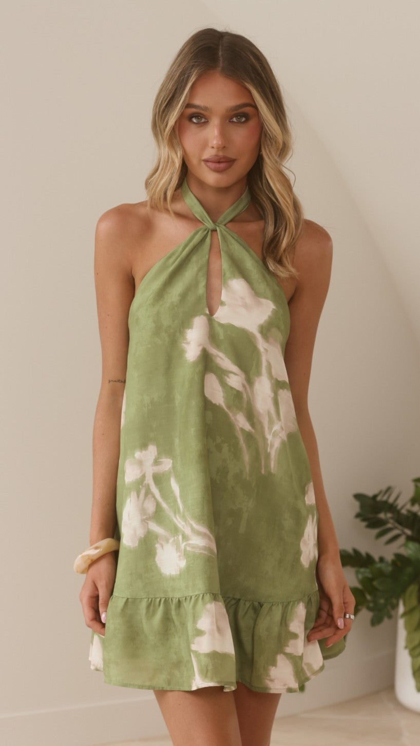 Georgia Halter Mini Dress - Lime Floral - Billy J