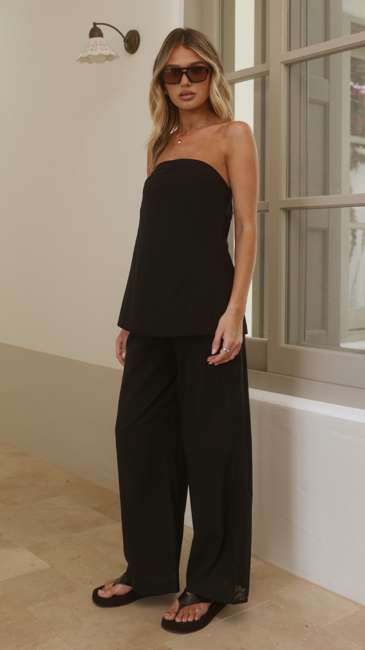 Kaitlin Strapless Top and Pants Set - Black/Lace