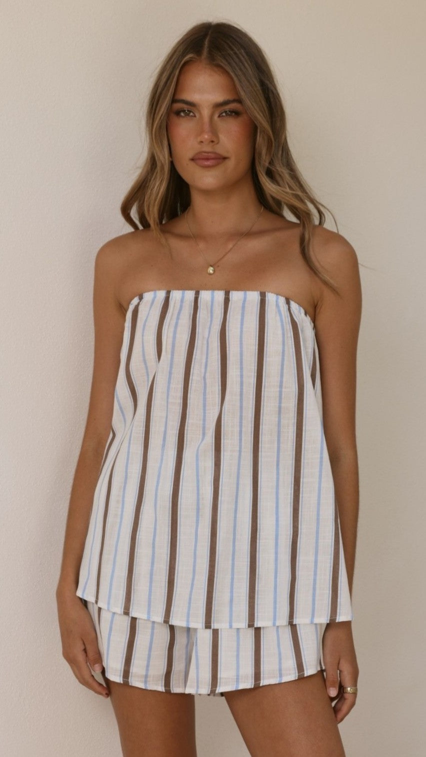 Calliope Strapless Top and Shorts Set - Choc/Blue Stripe - Billy J
