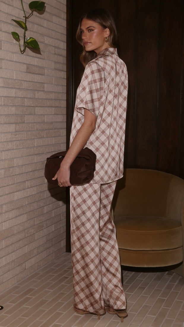 Imogen Button Pants - Brown Plaid - Billy J