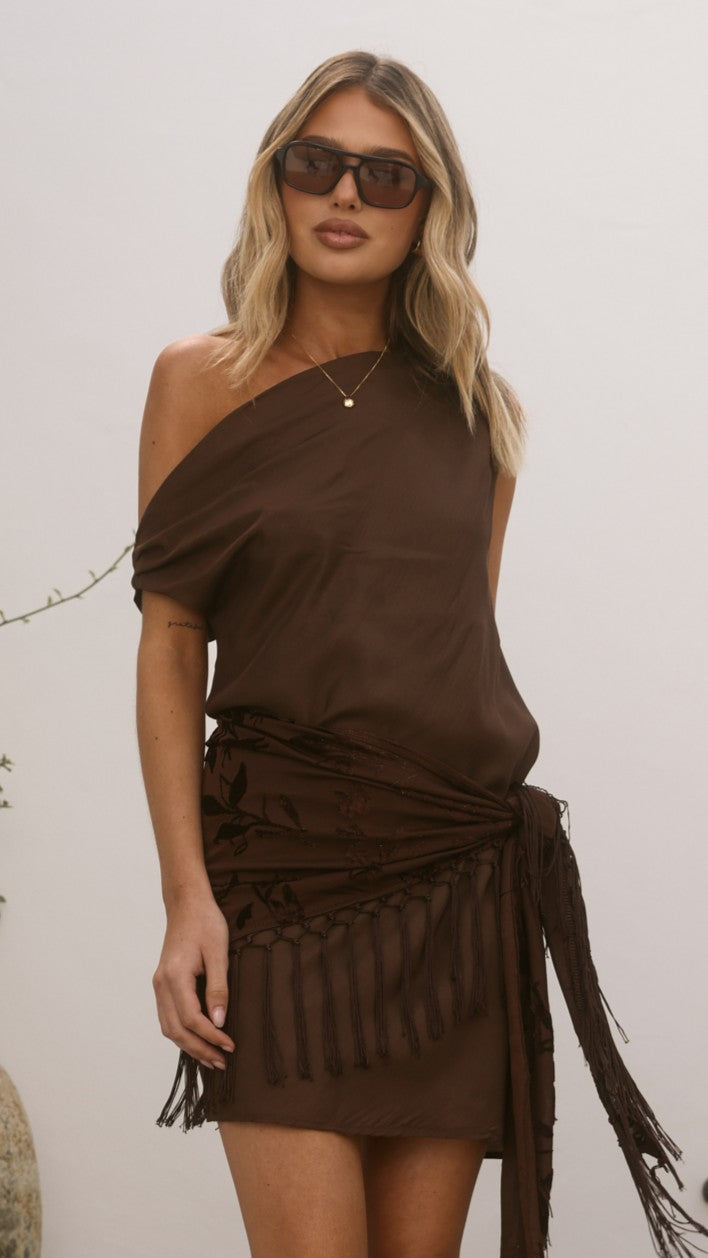 Laia Off Shoulder Mini Dress and Fringe Scarf - Chocolate - Billy J