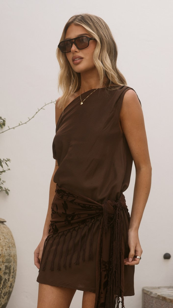 Laia Off Shoulder Mini Dress and Fringe Scarf - Chocolate