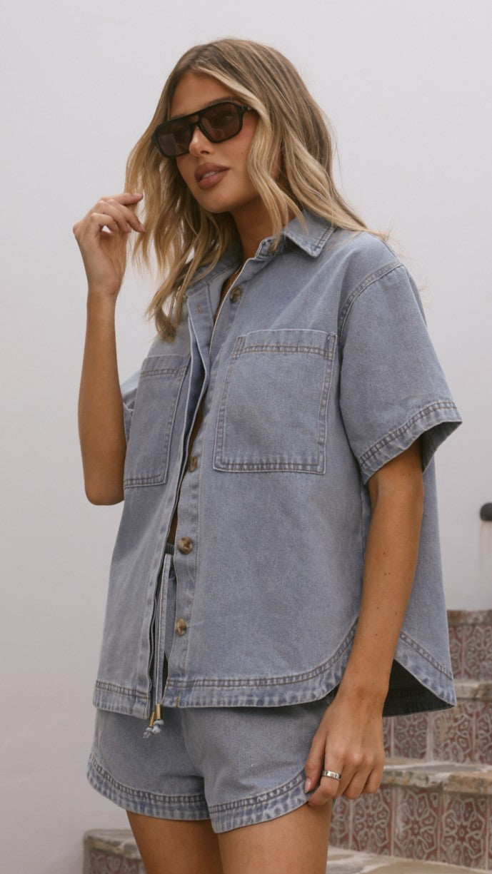 Kaleigh Button Up Shirt and Shorts Set - Light Denim - Billy J