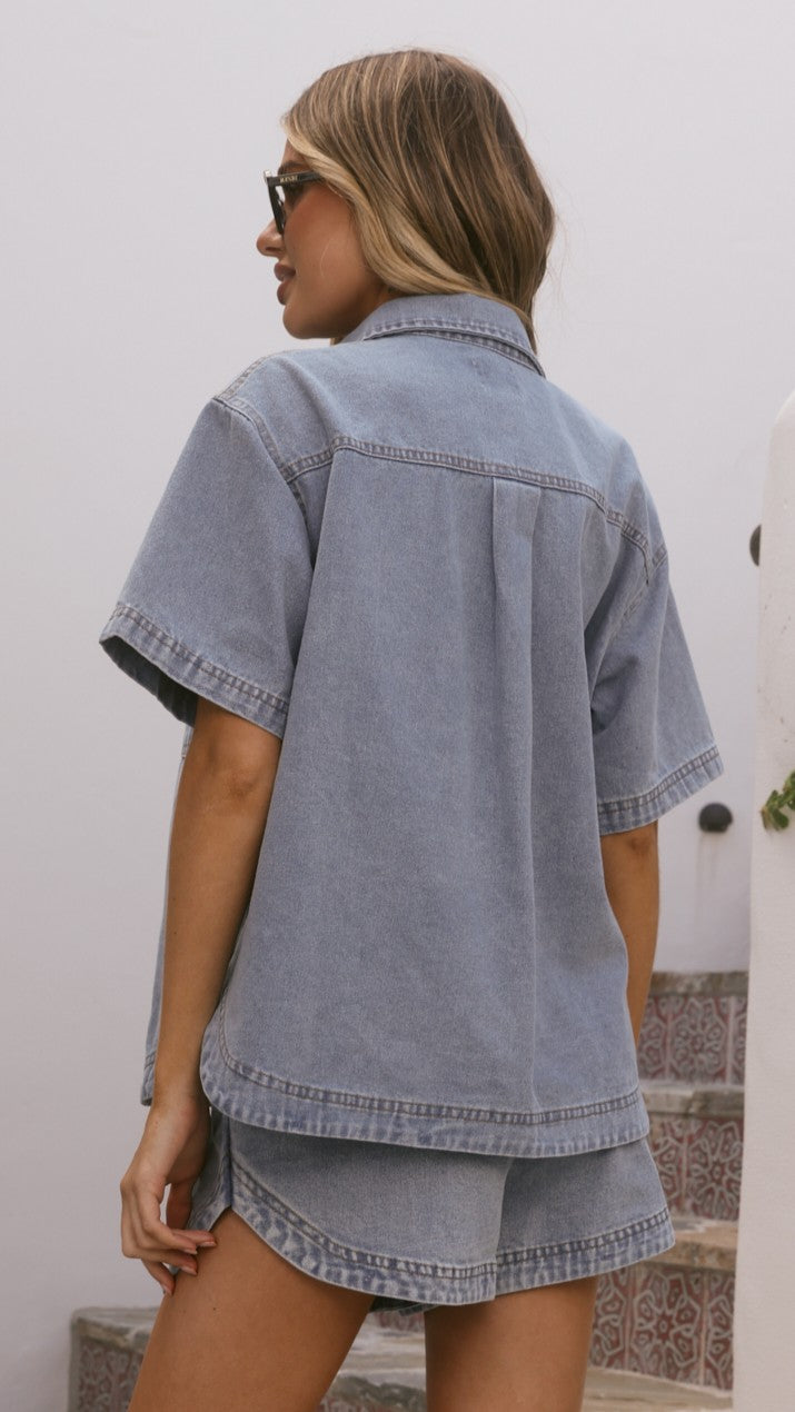 Kaleigh Button Up Shirt and Shorts Set - Light Denim