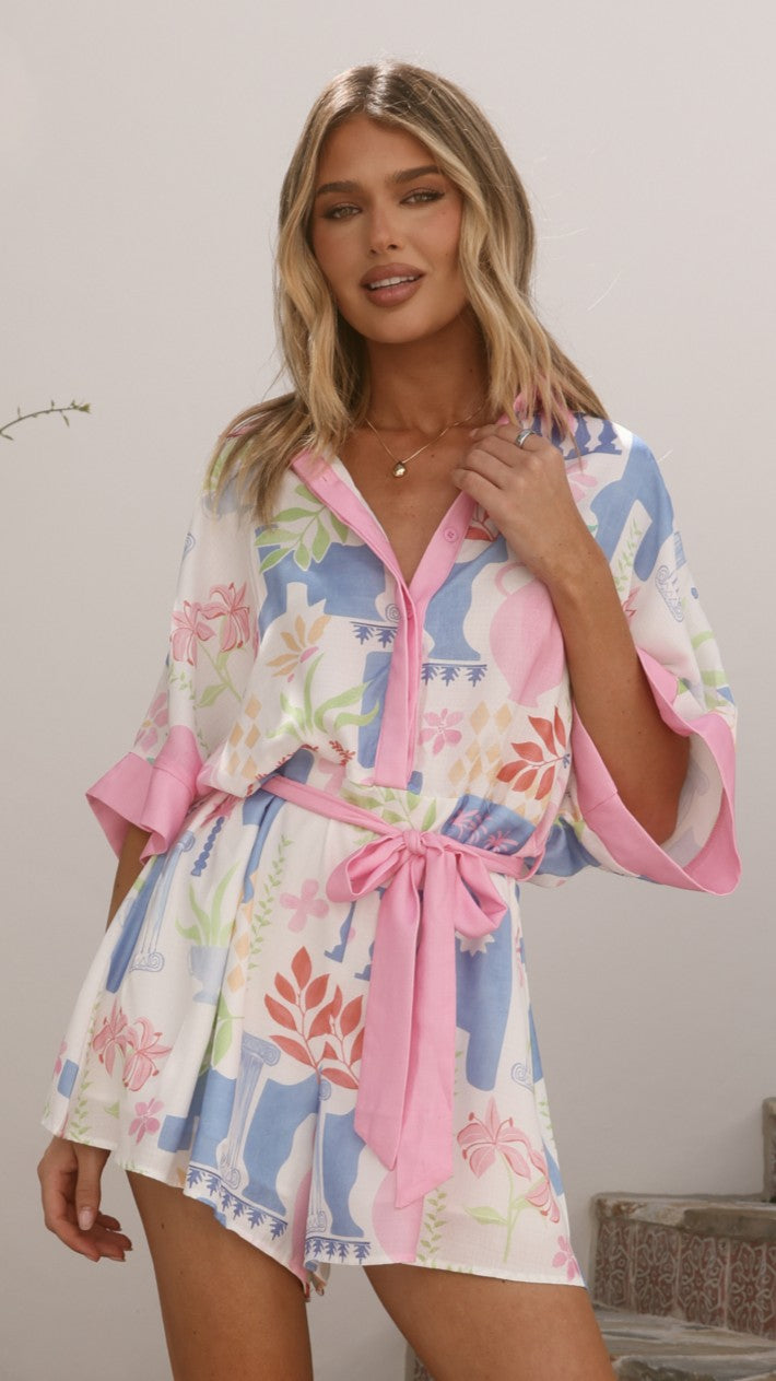 Carmen Playsuit - Blue/Pink Print - Billy J
