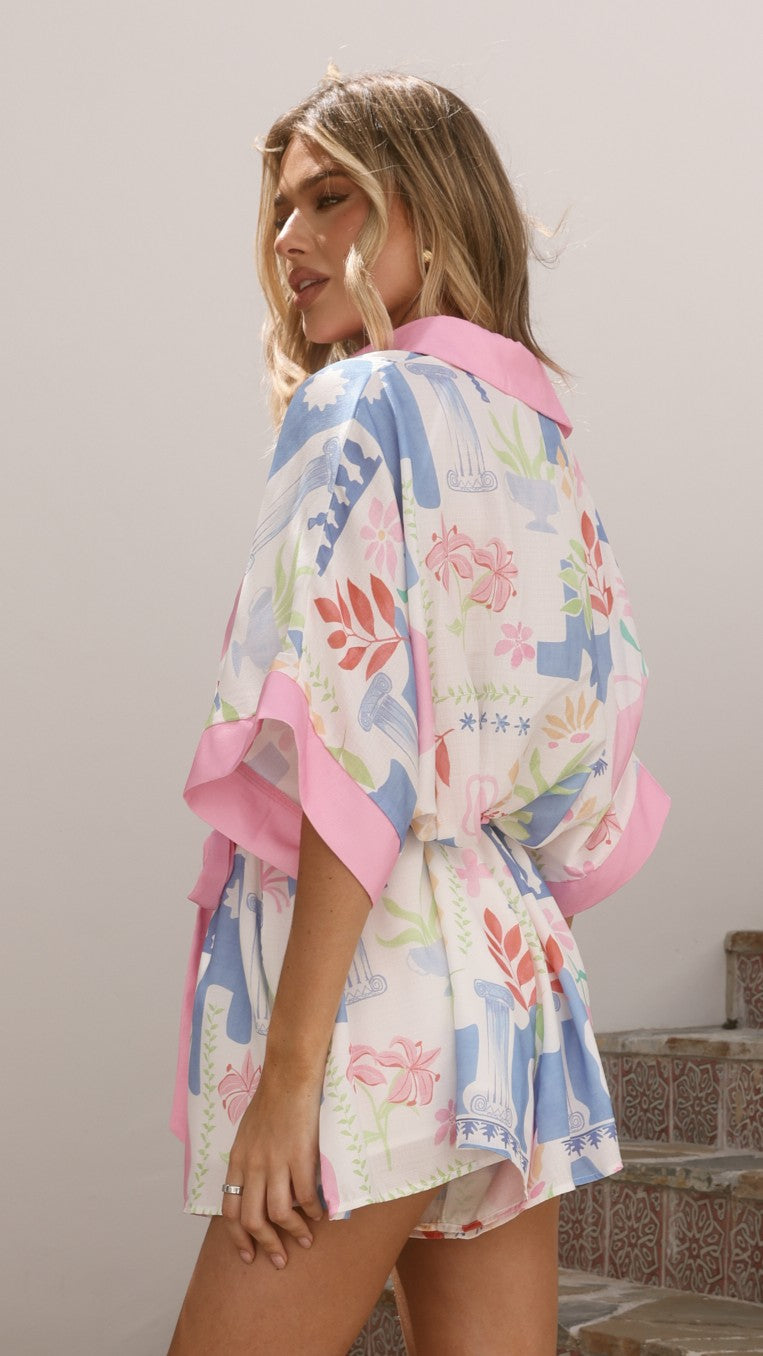 Carmen Playsuit - Blue/Pink Print - Billy J