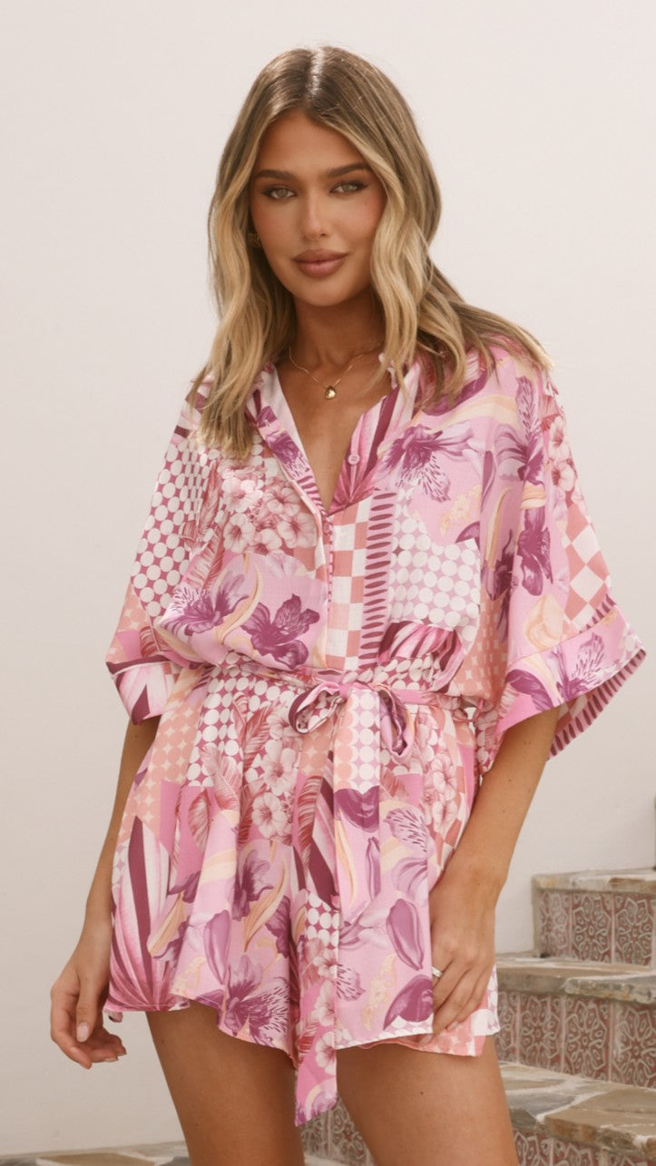 Farrah Playsuit - Pink Abstract - Billy J