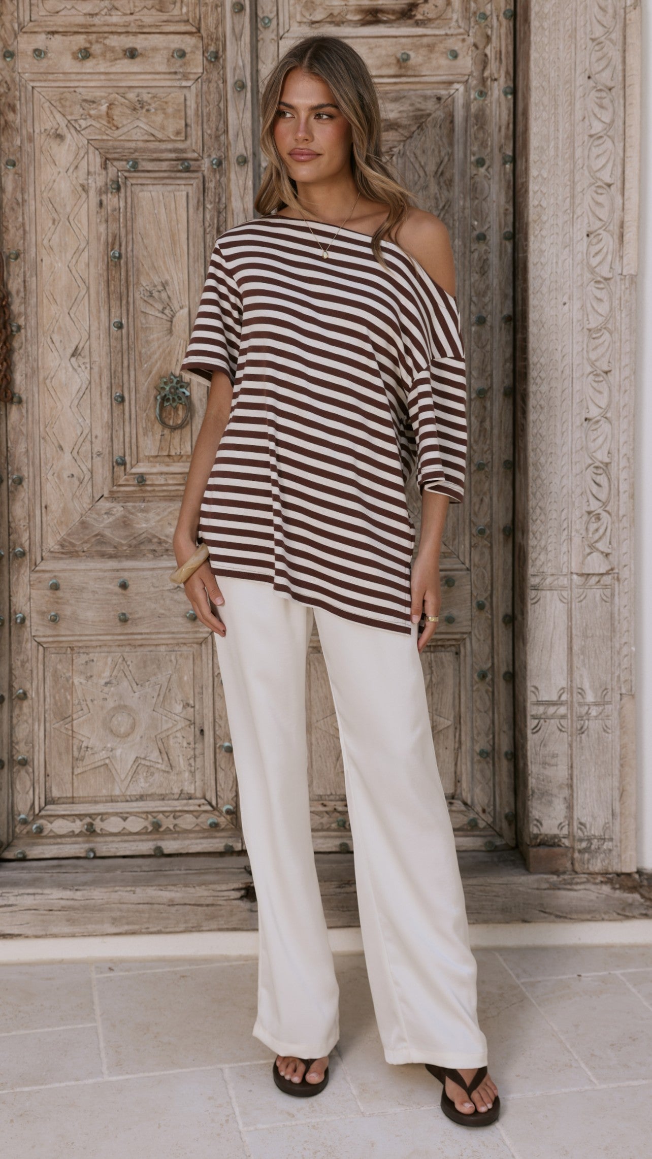 Pia One Shoulder Oversize Tee - Choc/White Stripe - Billy J