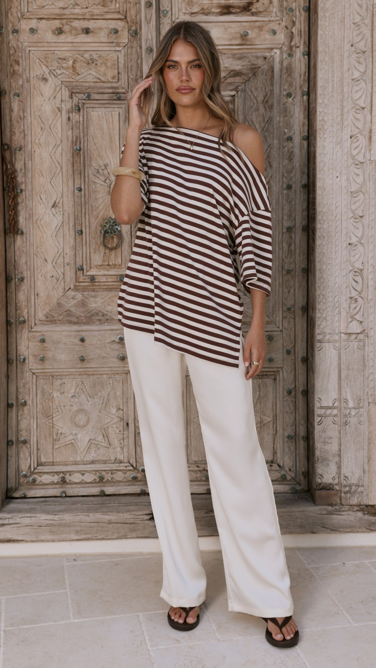 Pia One Shoulder Oversize Tee - Choc/White Stripe - Billy J