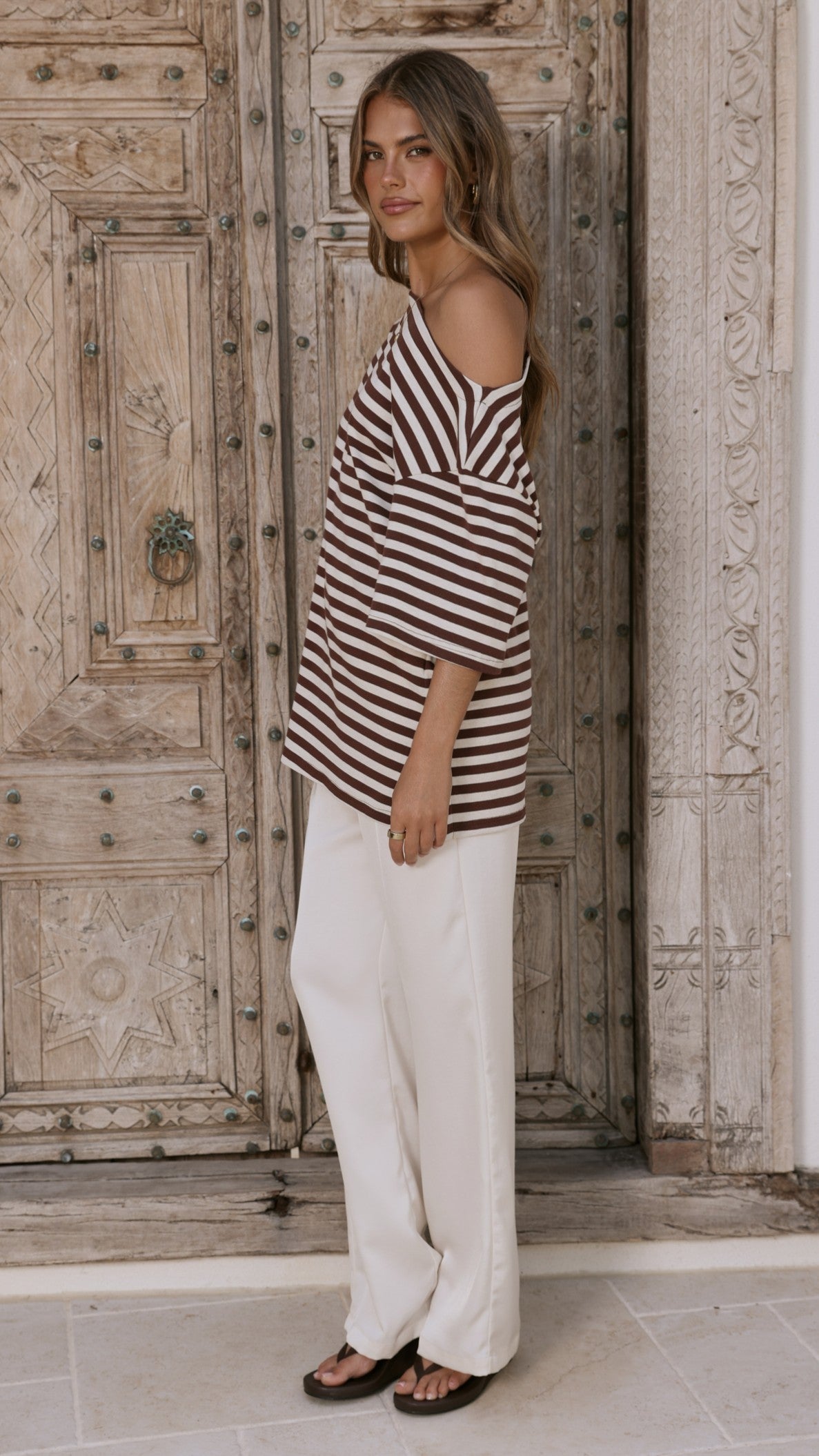 Pia One Shoulder Oversize Tee - Choc/White Stripe - Billy J