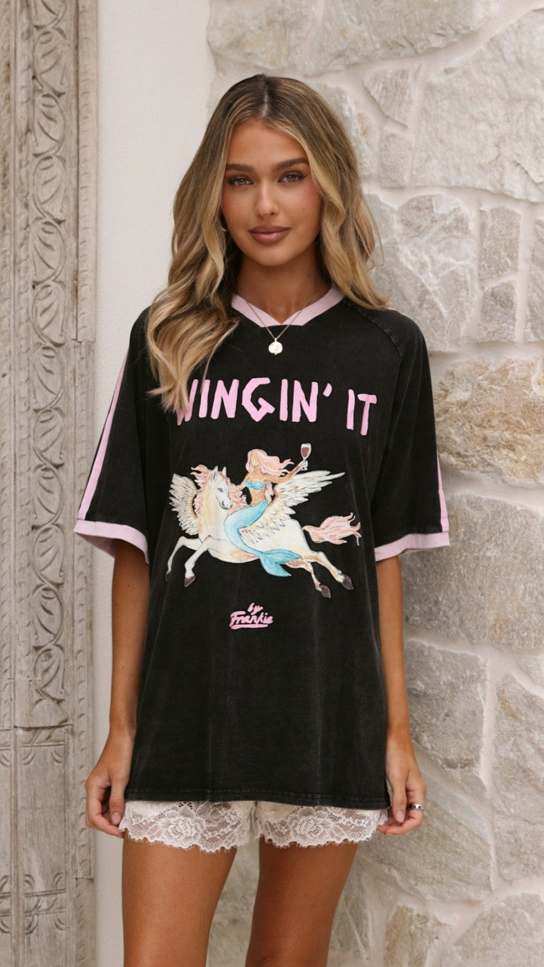 Wingin It Tee - Washed Black/Pink - Billy J