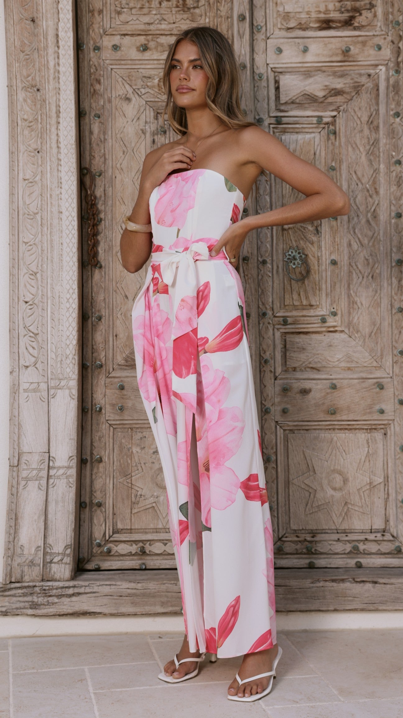 Carson Front Split Strapless Jumpsuit - Pink Floral - Billy J