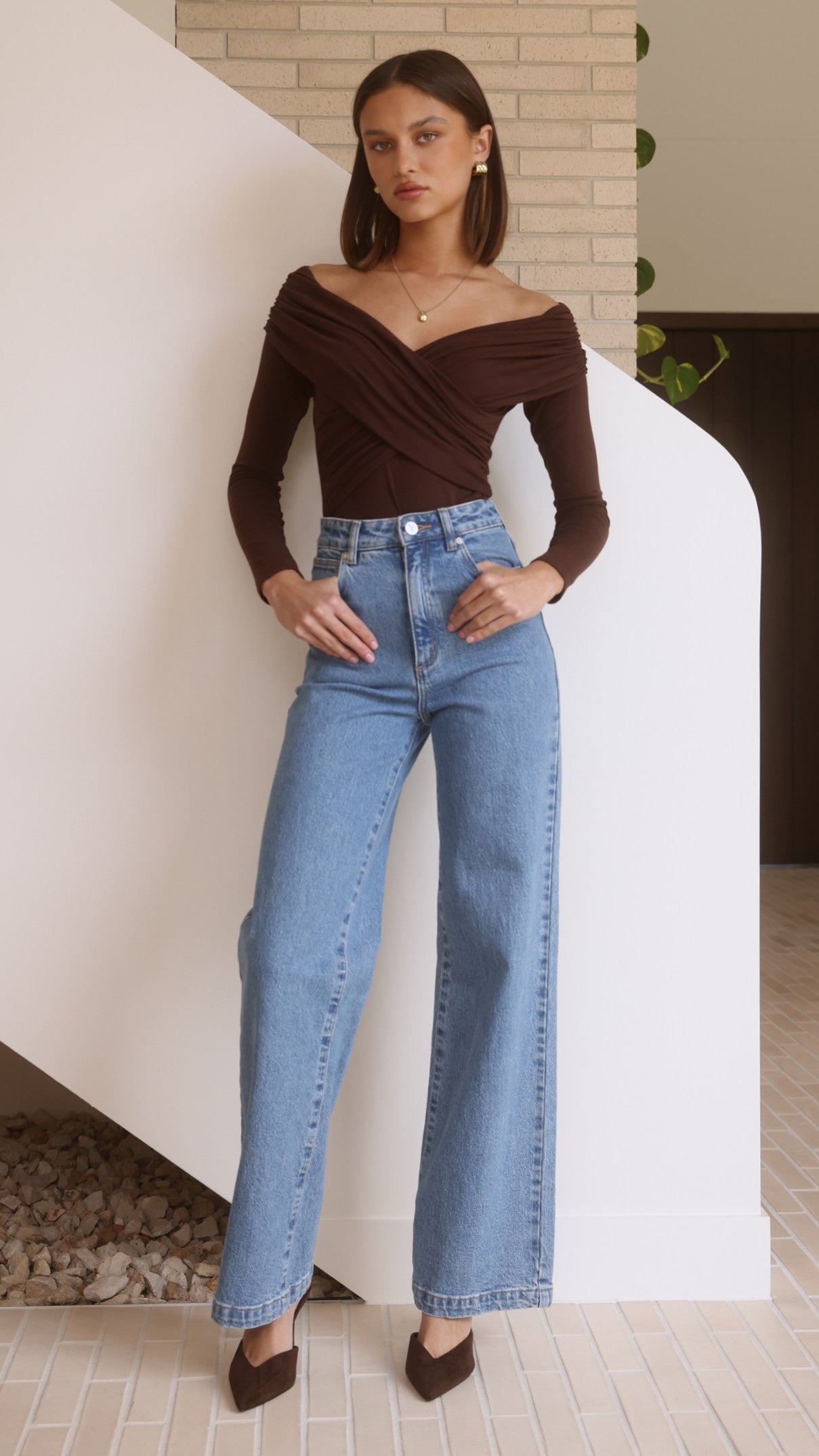 Elkie Off Shoulder Bodysuit - Chocolate - Billy J