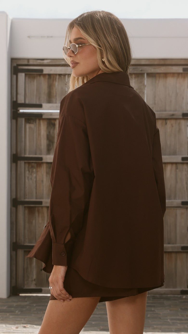 Elita Long Sleeve Button Up Shirt and Shorts Set - Chocolate