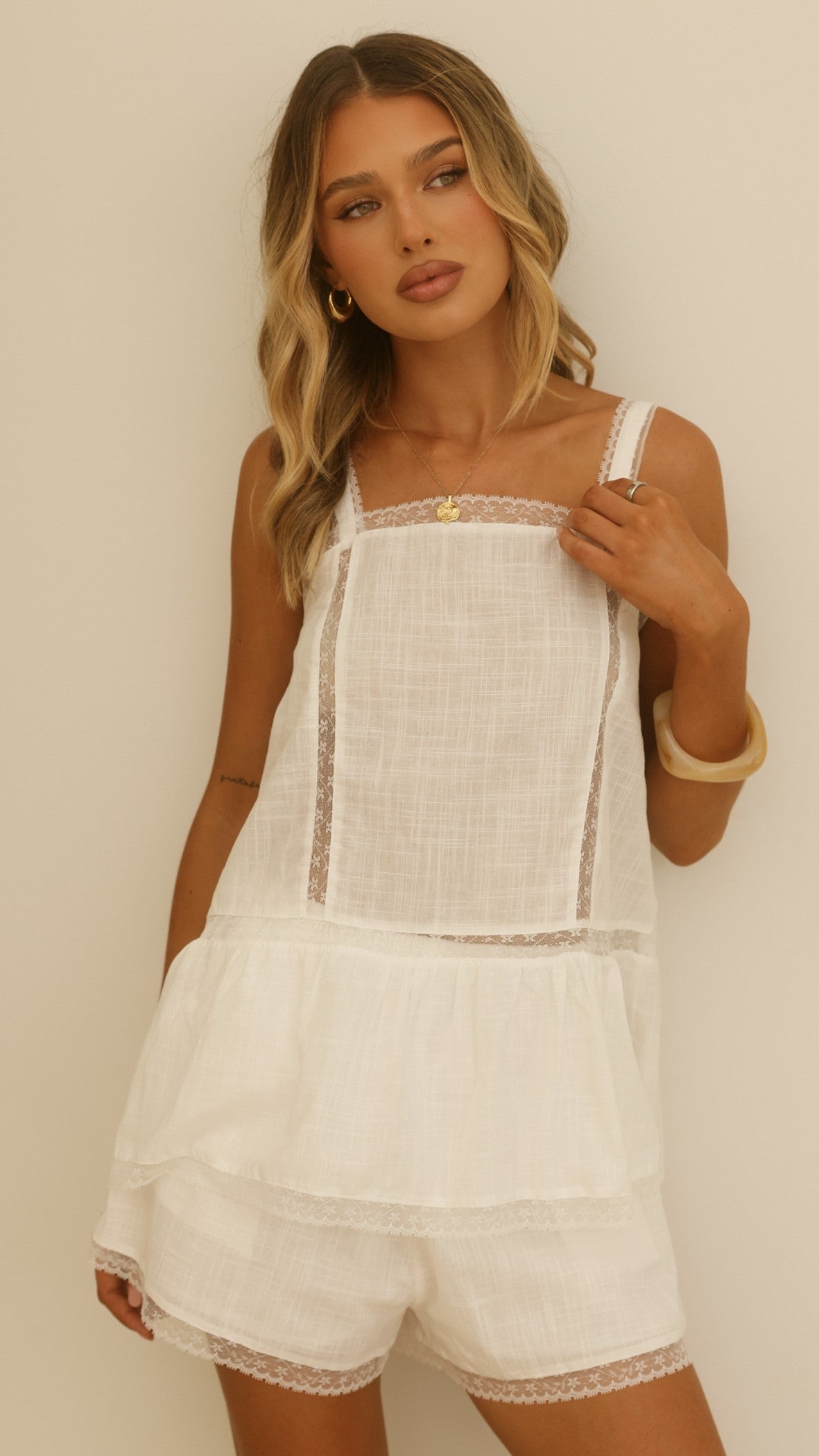 Nakita Top and Shorts Set - White/Lace - Billy J