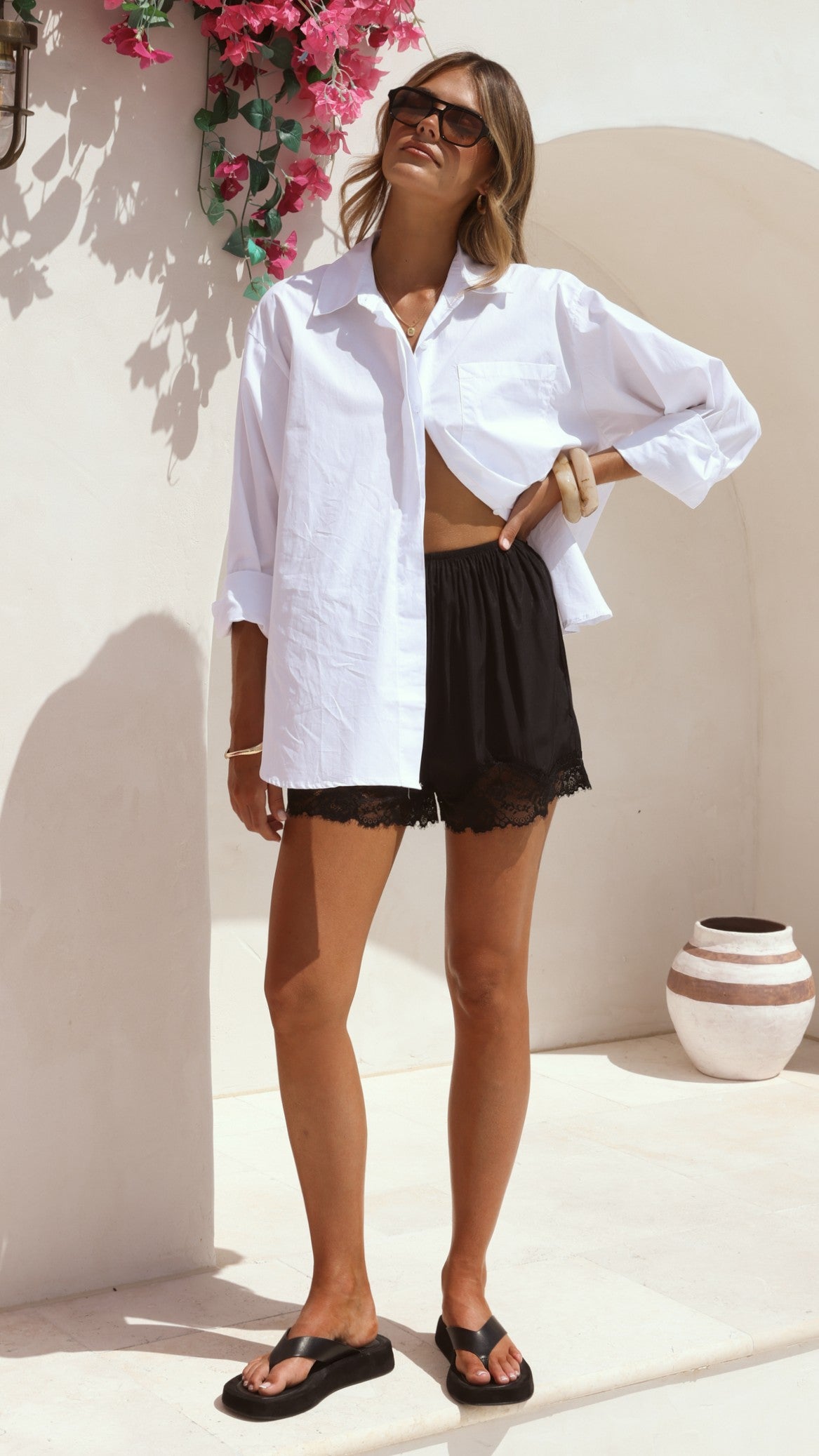 Charla Button Up Poplin Top - White - Billy J