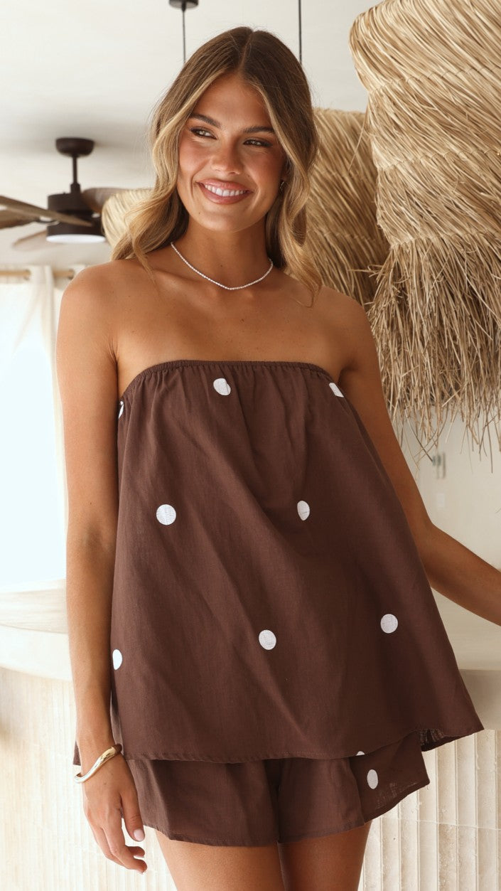 Calliope Strapless Top and Shorts Set - Brown/White Polka - Billy J