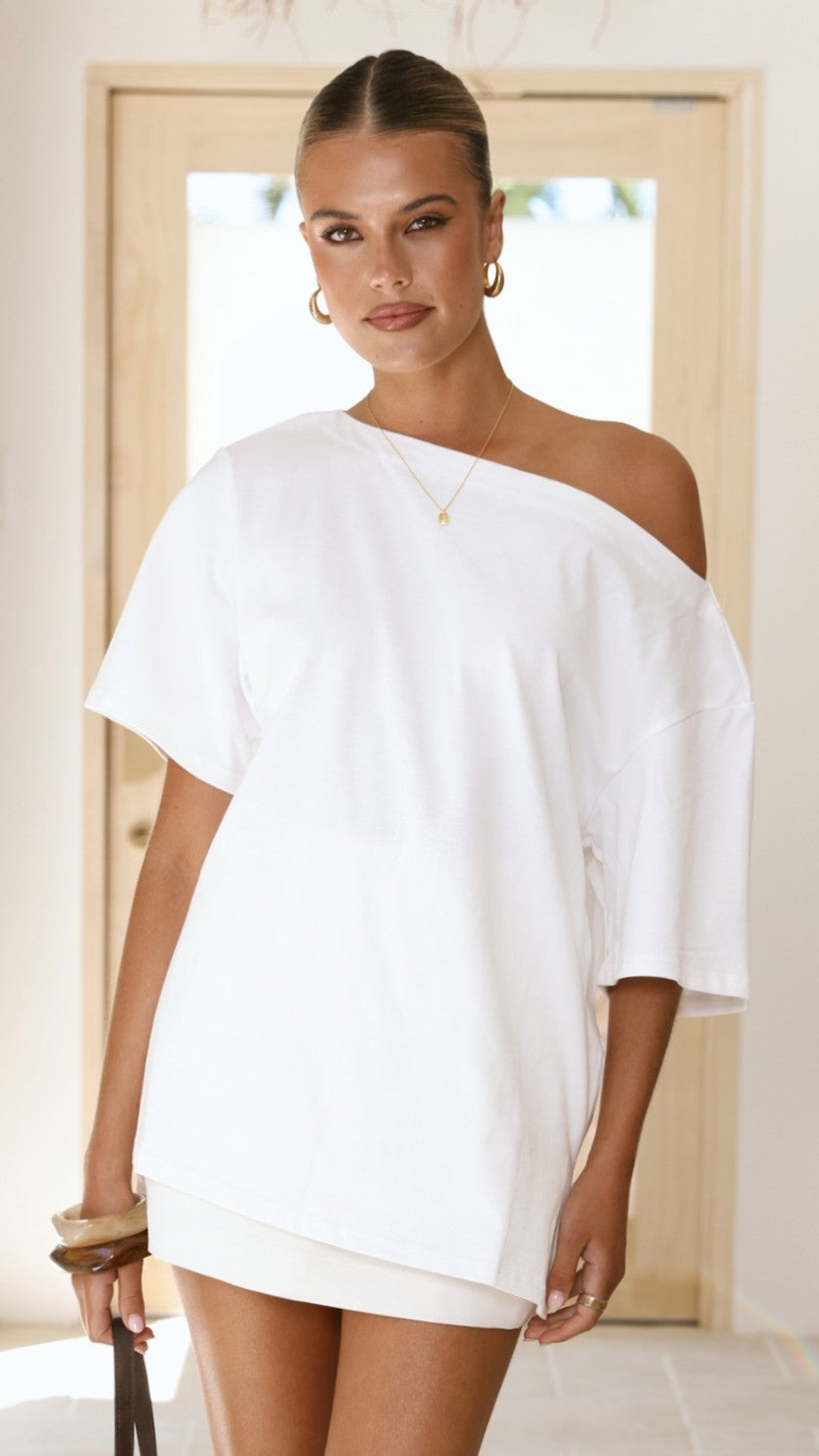 Pia One Shoulder Oversize Tee - White - Billy J