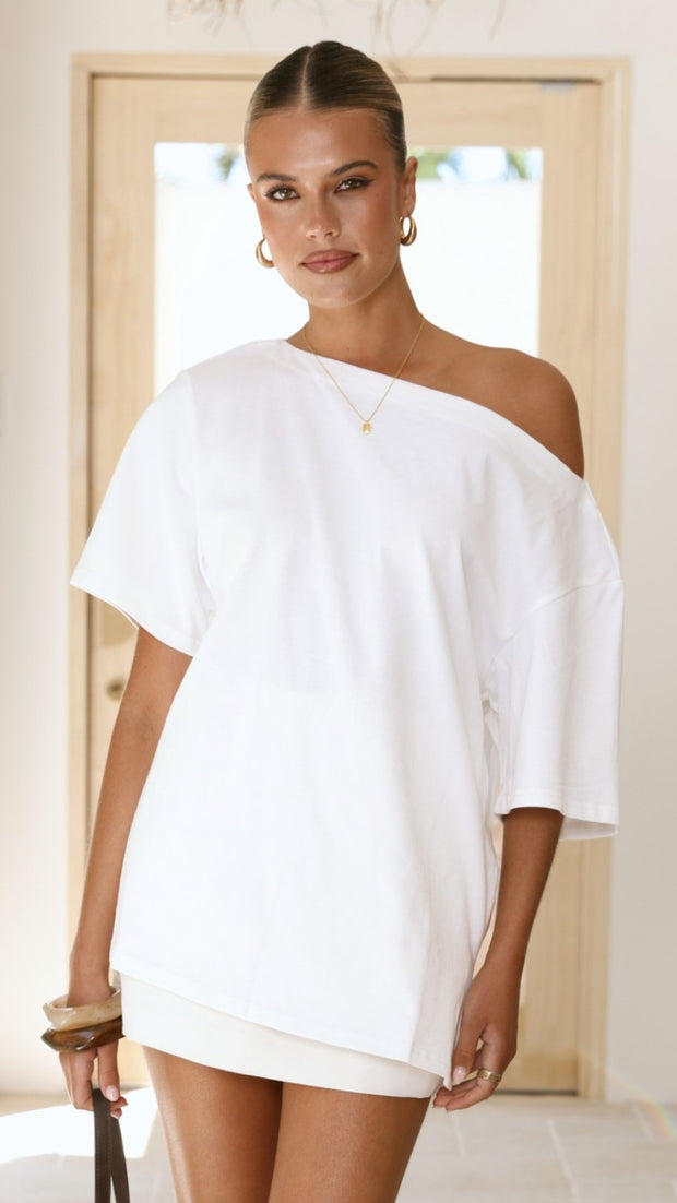 Pia One Shoulder Oversize Tee - White - Billy J