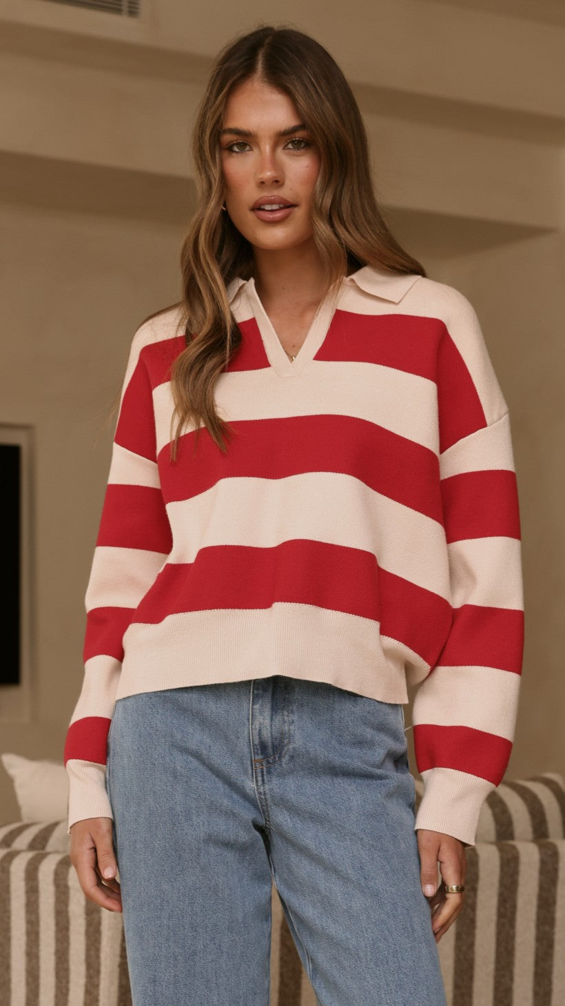 Kodi Sweater - Red/Beige Stripe - Billy J
