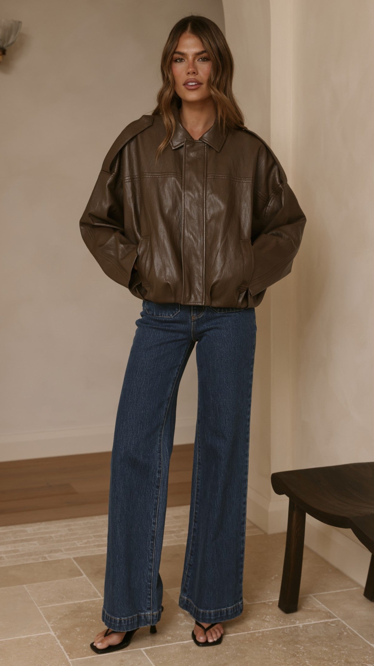 Leela Vegan Leather Bomber Jacket - Brown - Billy J