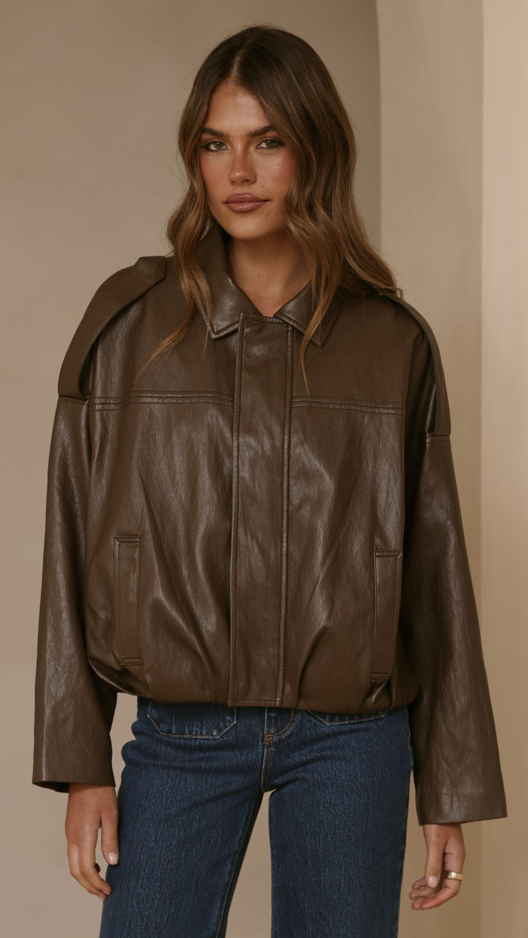 Leela Vegan Leather Bomber Jacket - Brown - Billy J