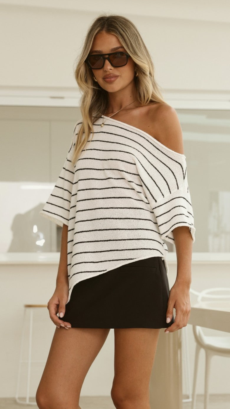 Blair Off Shoulder Tee - White/Black Stripe - Billy J