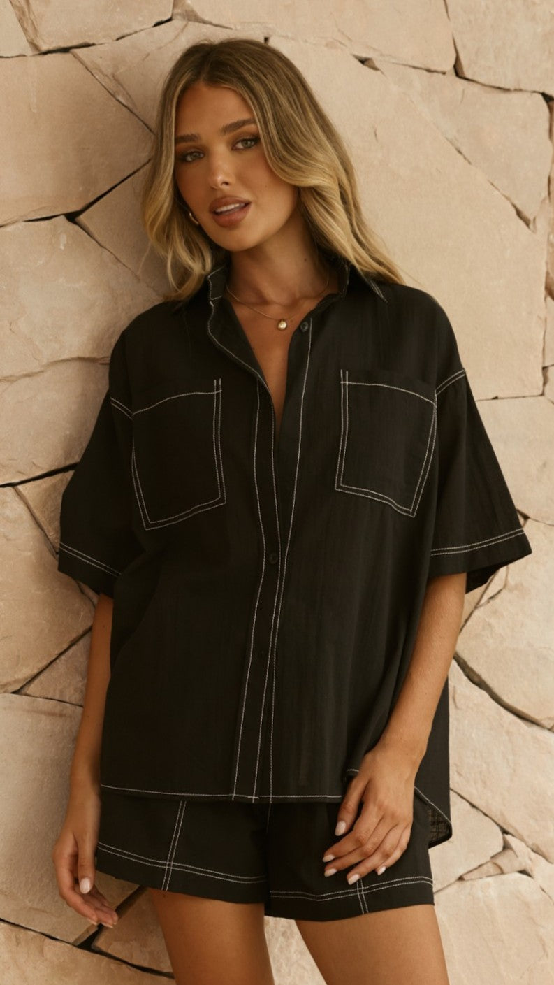 Sarafina Button Up Shirt and Shorts Set - Black - Billy J