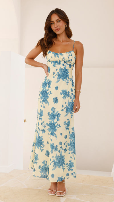 Load image into Gallery viewer, Margie Midi Dress - Yellow / Blue Floral - Billy J
