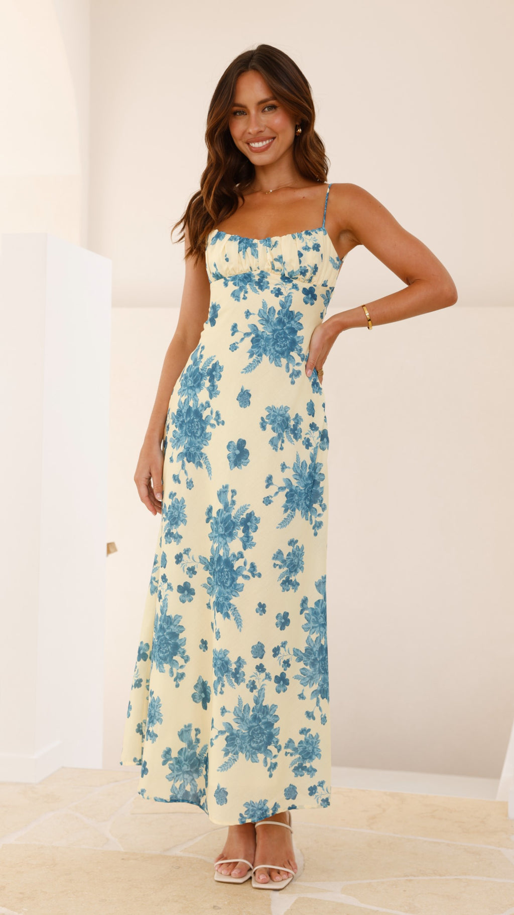 Margie Midi Dress - Yellow / Blue Floral - Billy J