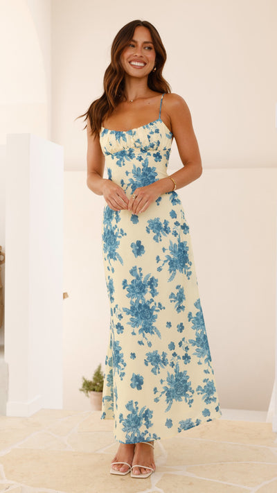 Load image into Gallery viewer, Margie Midi Dress - Yellow / Blue Floral - Billy J
