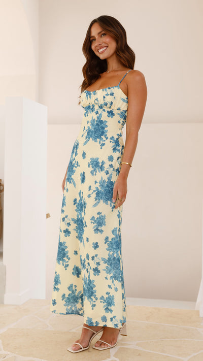 Load image into Gallery viewer, Margie Midi Dress - Yellow / Blue Floral - Billy J
